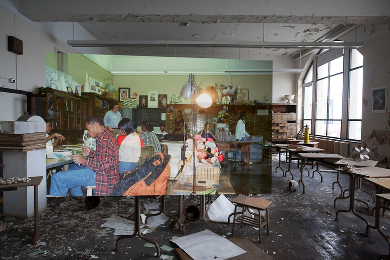 Illustration for article titled Composite photos show a Detroit school before and after it was abandoned